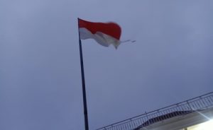 Miris, di depan kantor Desa Tanjung Bulan, Bendera dikibarkan dalam kondisi lusuh dan robek